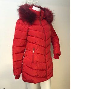 NWOT Bright Red Long Coat Jacket Puffer Removable Hood Faux Fox Fur Fall Winter